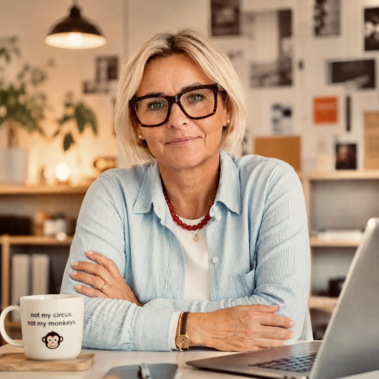Yvonne in ihrem Studio in Monschau — mit roter Kette, Brille und der Tasse »Not my circus. Not my monkeys.«